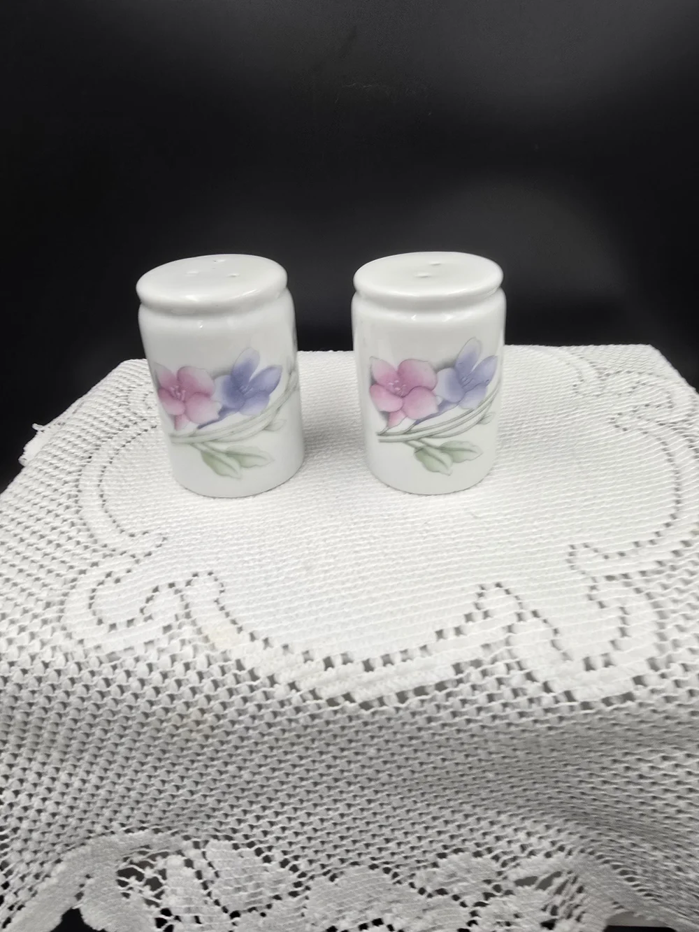 Porcelain Floral Salt and Pepper Shakers - White with Pink & Lavender Flowers
